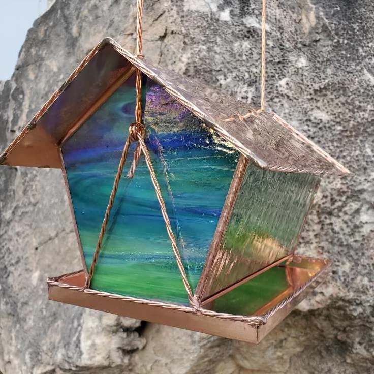 Black Hills Glass Works Copper & Stained Glass Bird Feeder Unique Bird Feeders