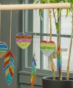 The Birdhouse Chick Wind Chimes Stained Glass Heart And Feather Mobile
